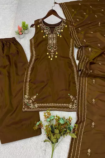 Brown silk blend embroidered farshi salwar set