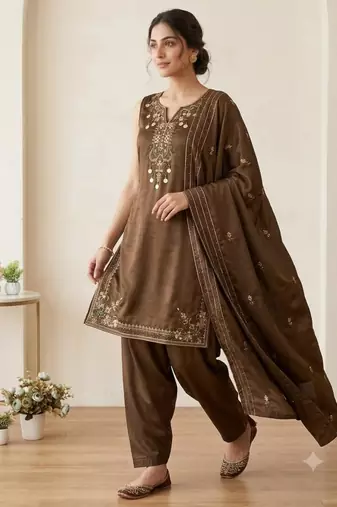 Brown silk blend embroidered farshi salwar set
