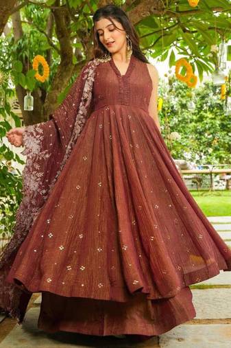 Brown silk blend embroidered palazzo set