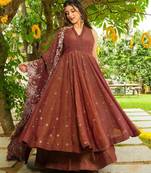Brown silk blend embroidered palazzo set