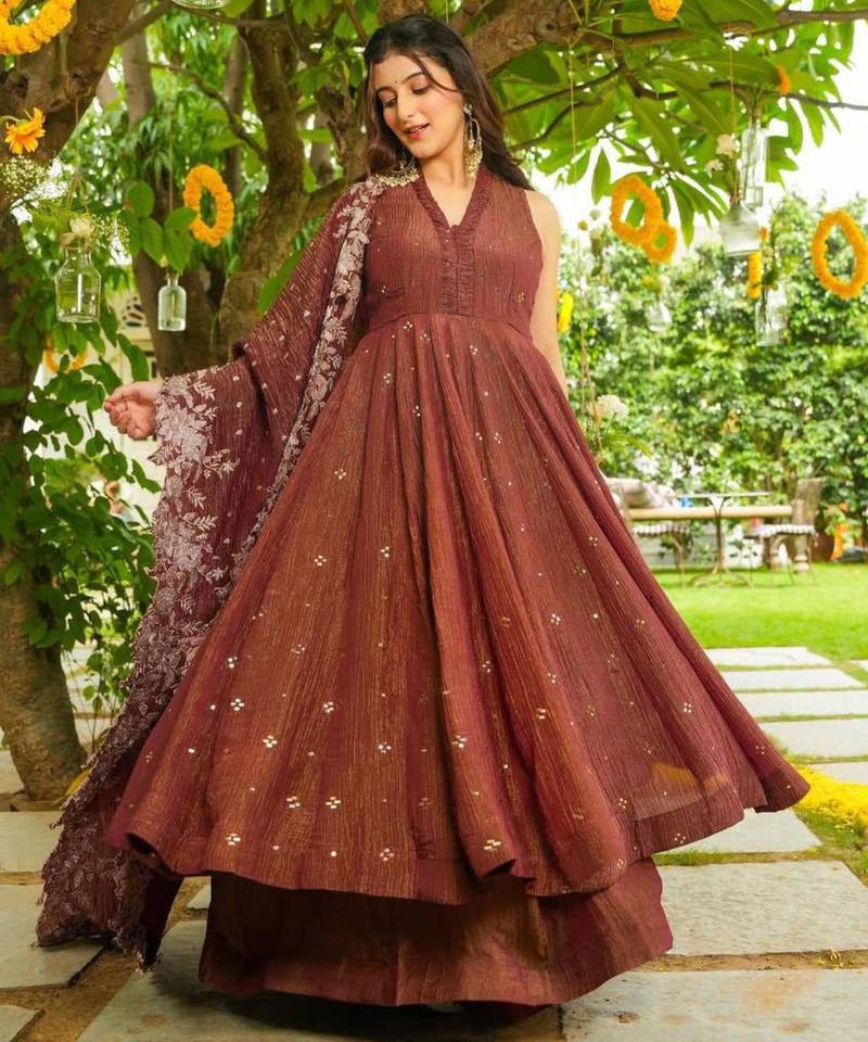 Brown silk blend embroidered palazzo set