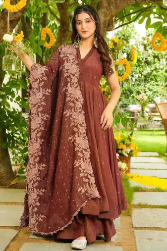 Brown silk blend embroidered palazzo set