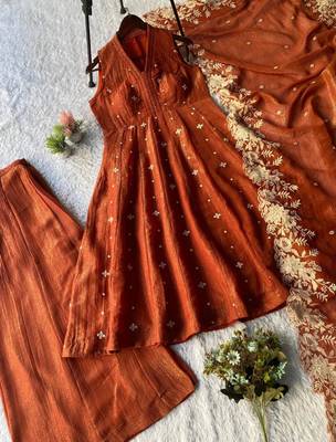 Brown silk blend embroidered palazzo set 3
