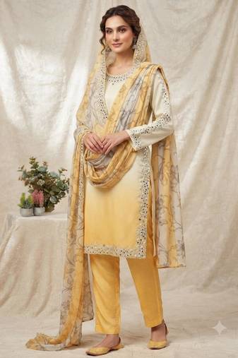 Yellow silk blend embroidered kurta set