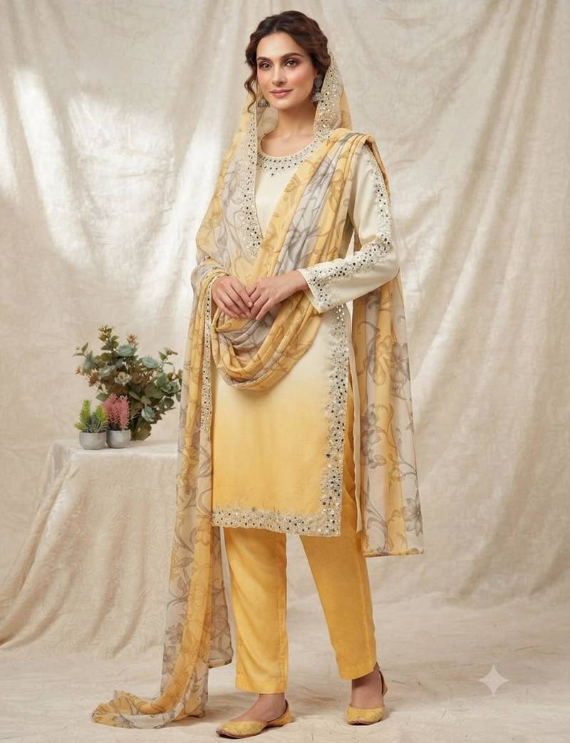 Yellow silk blend embroidered kurta set