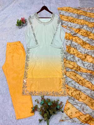Yellow silk blend embroidered kurta set 2