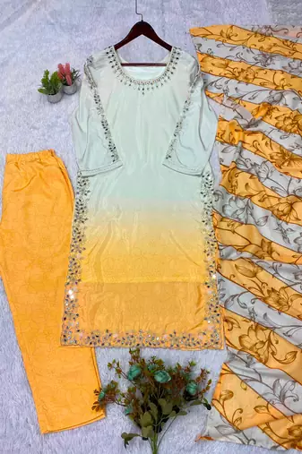 Yellow silk blend embroidered kurta set