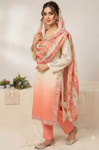 Peach silk blend embroidered kurta set