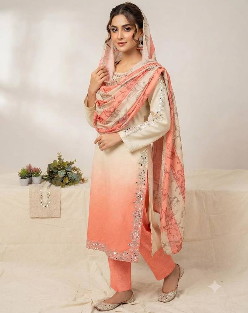 Peach silk blend embroidered kurta set