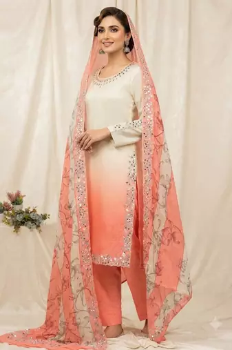 Peach silk blend embroidered kurta set