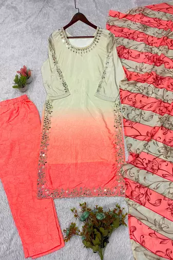 Peach silk blend embroidered kurta set