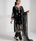 Black silk blend embroidered kurta set