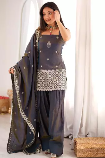 Grey silk blend embroidered farshi salwar set