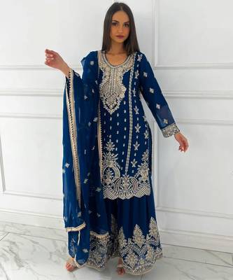 blue silk blend embroidered sharara set 2