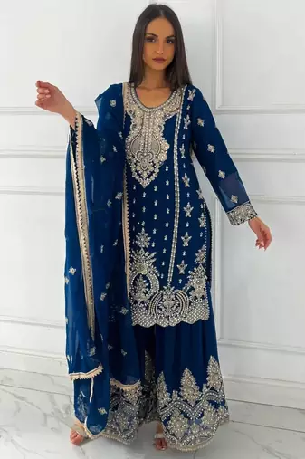 blue silk blend embroidered sharara set