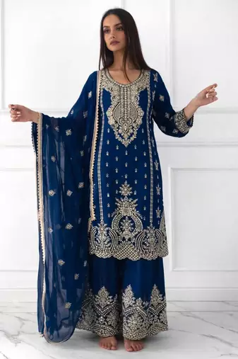 blue silk blend embroidered sharara set