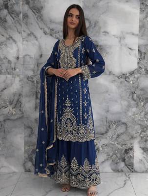 blue silk blend embroidered sharara set 3