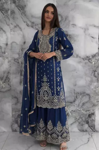 blue silk blend embroidered sharara set