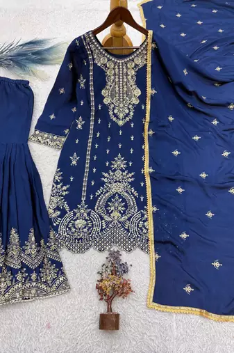 blue silk blend embroidered sharara set