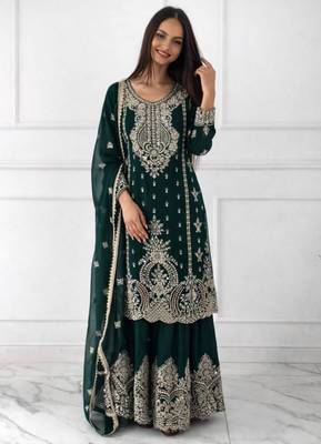 Dark green silk blend embroidered sharara set 1