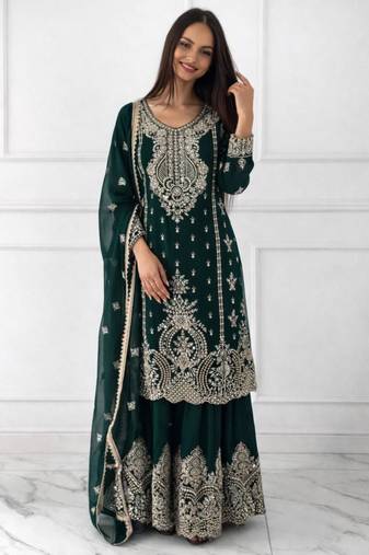 Dark green silk blend embroidered sharara set
