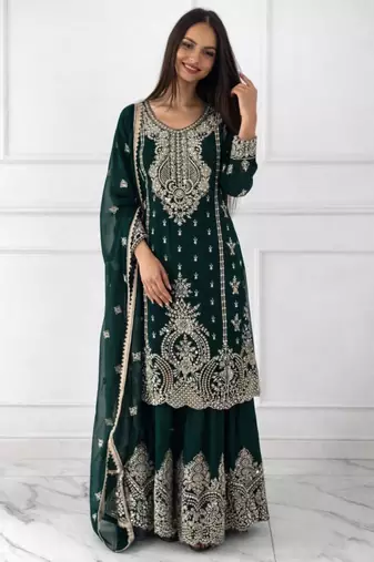 Dark green silk blend embroidered sharara set