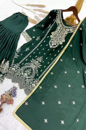 Dark green silk blend embroidered sharara set