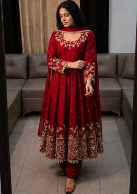 Maroon faux georgette embroidered flared gown set 1