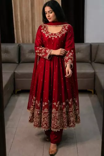 Maroon faux georgette embroidered flared gown set