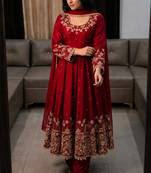 Maroon faux georgette embroidered flared gown set
