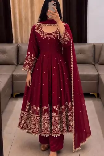 Maroon faux georgette embroidered flared gown set