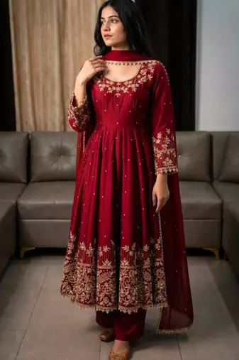 Maroon faux georgette embroidered flared gown set