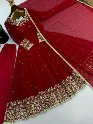 Maroon faux georgette embroidered flared gown set 4
