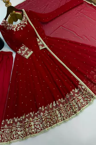 Maroon faux georgette embroidered flared gown set