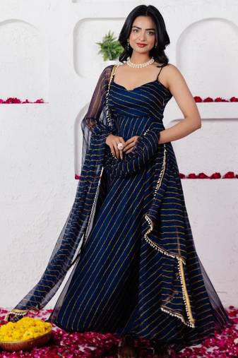Navy blue georgette printed flared gown set