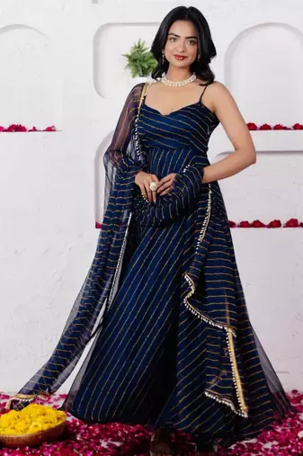 Navy blue georgette printed flared gown set