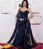 Navy blue georgette printed flared gown set