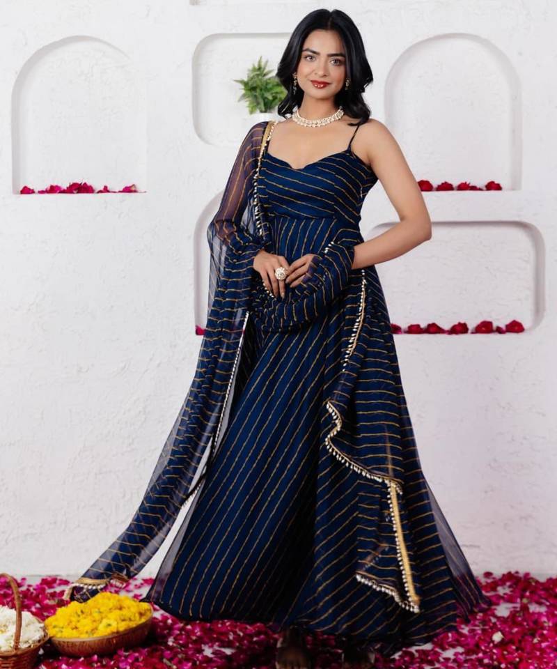 Navy blue georgette printed flared gown set