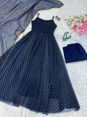 Navy blue georgette printed flared gown set 2
