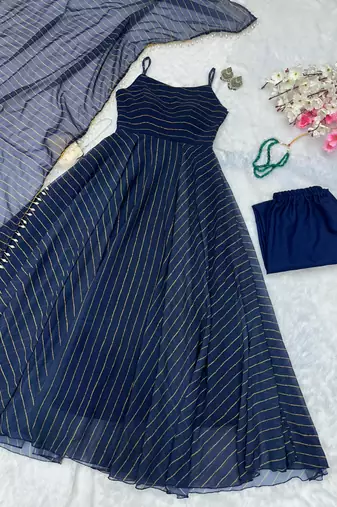 Navy blue georgette printed flared gown set