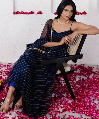 Navy blue georgette printed flared gown set 3