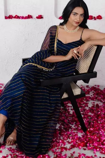Navy blue georgette printed flared gown set