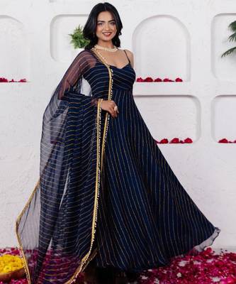 Navy blue georgette printed flared gown set 4