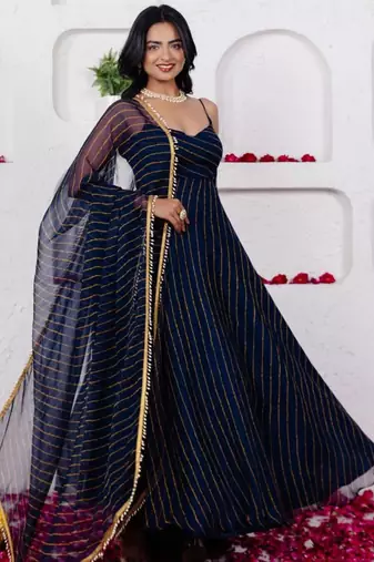 Navy blue georgette printed flared gown set