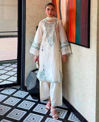 Off white rayon embroidered palazzo set 1