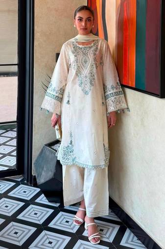 Off white rayon embroidered palazzo set