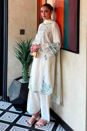Off white rayon embroidered palazzo set