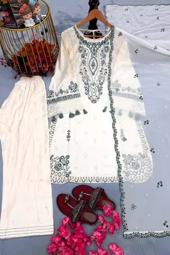 Off white rayon embroidered palazzo set