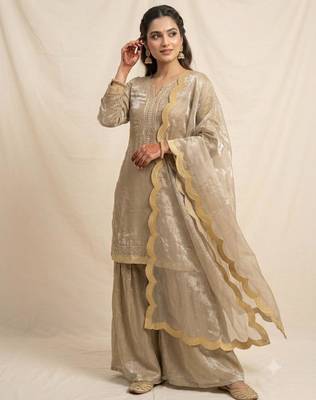Gold silk blend embroidered palazzo set 1