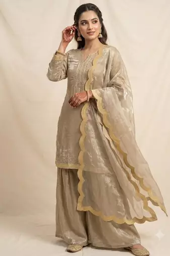Gold silk blend embroidered palazzo set